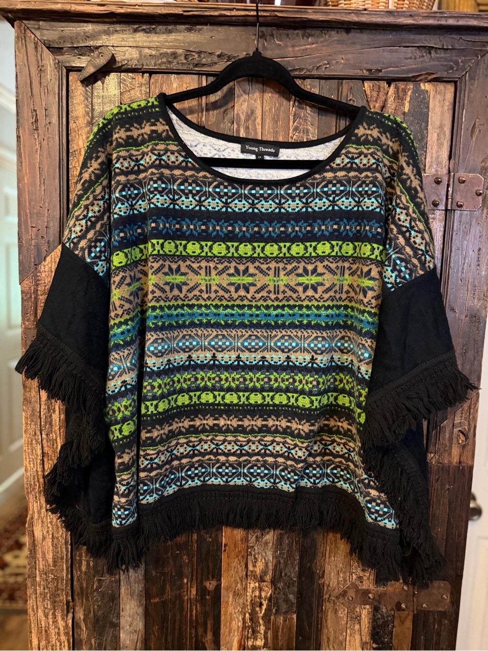 Young Threads Womens M Poncho Sweater Fringe Aztec Boho Southwestern Oversized